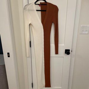 Staud Colorblocked Midi-Dress Tan & White